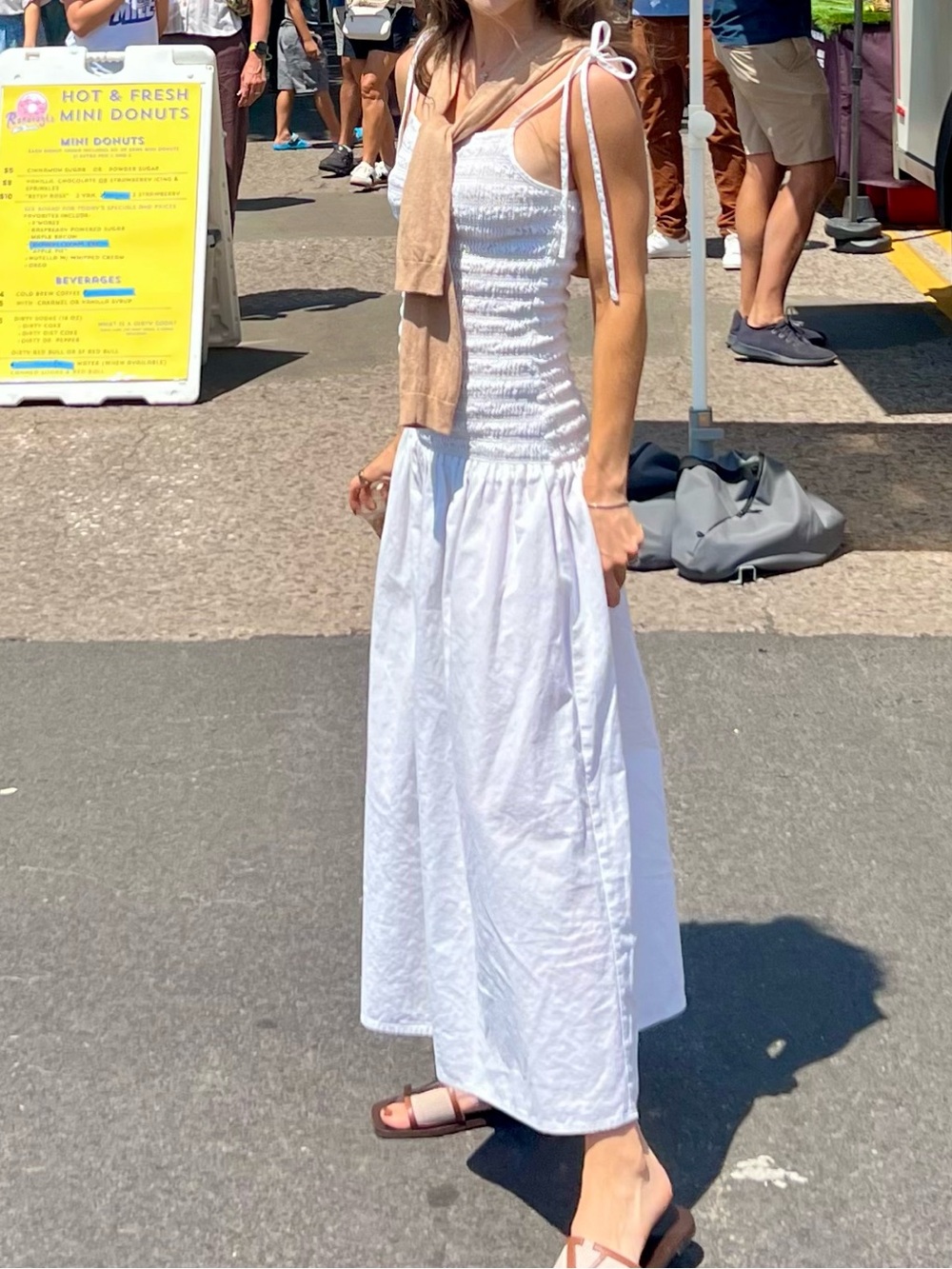 Dropwaist tie shoulder Smocked midi Dress